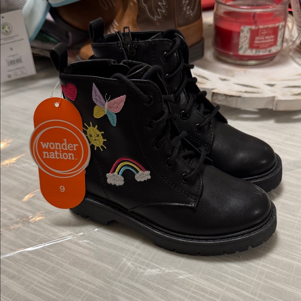 Wonder Nation Black Kids Boots with Rainbow and Butterfly Accents